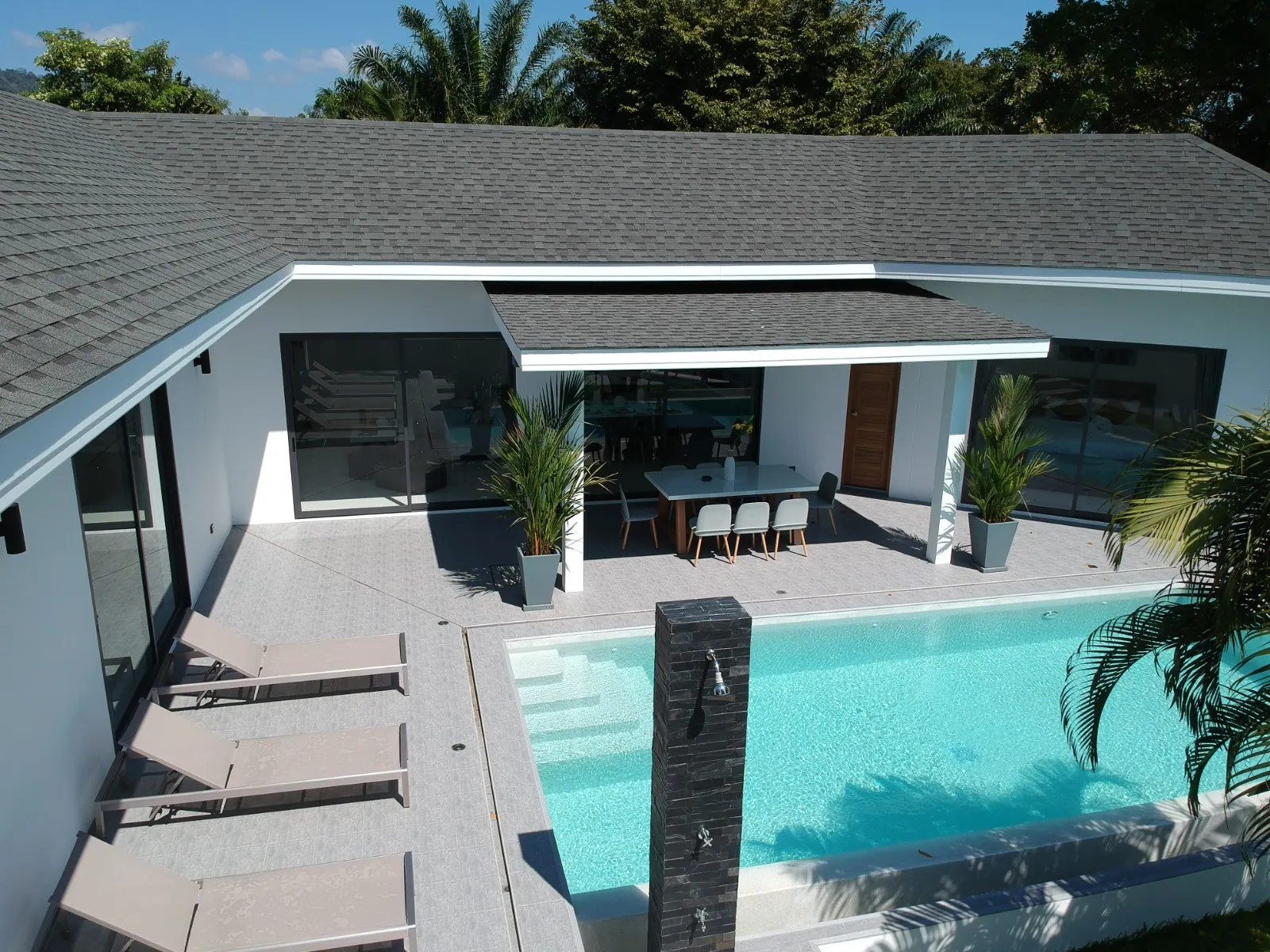 Aerial view of the pool and villa